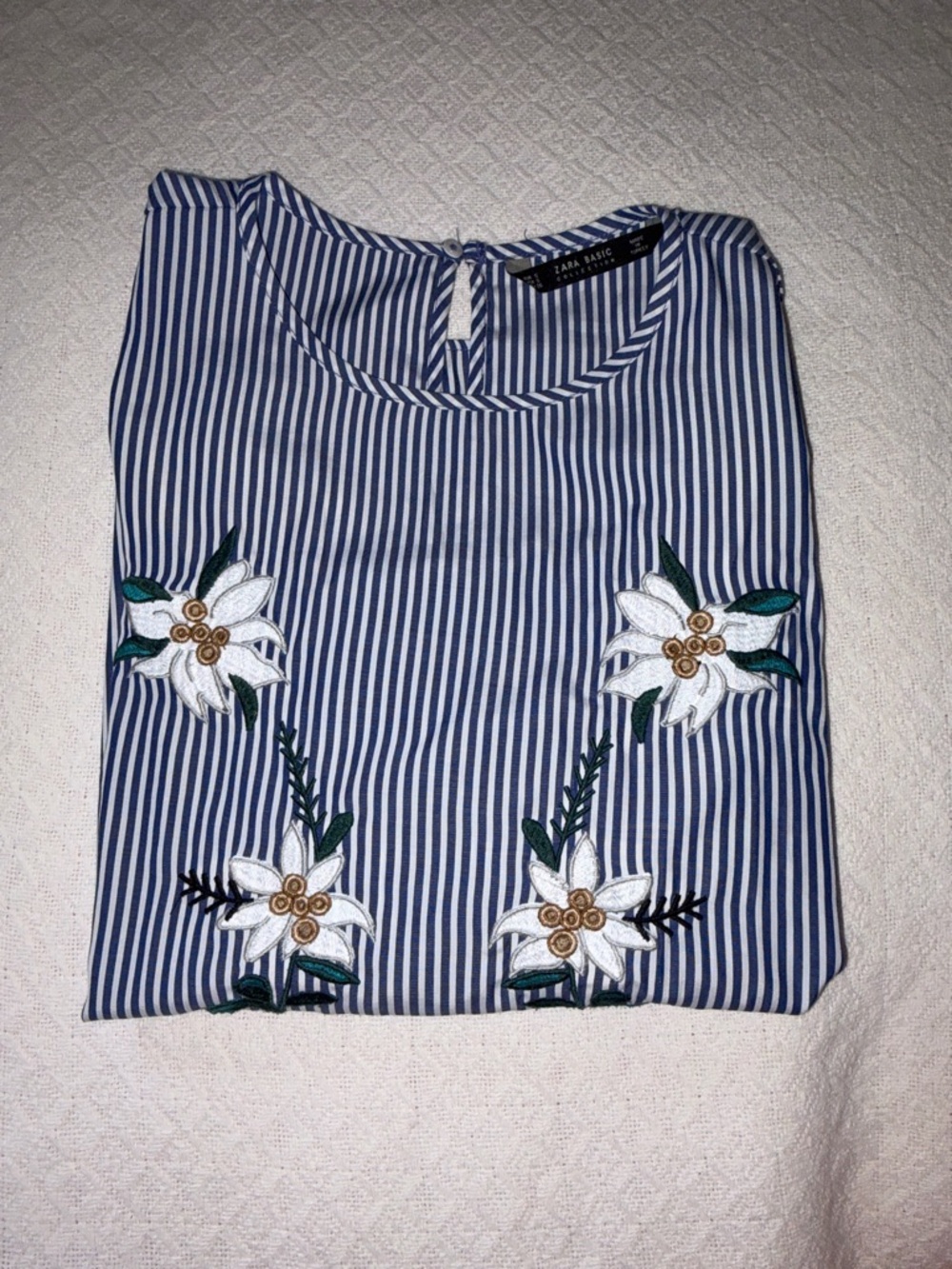 Zara Blue Striped Blouse with Floral Embroidery